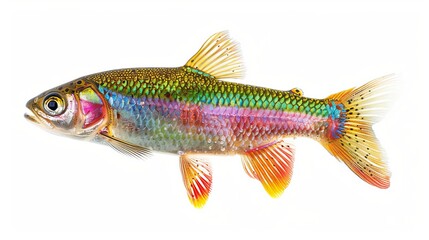 Fototapeta premium A colorful fish with a detailed, textured pattern on its scales, displayed against a crisp white background, accentuating the vibrant and diverse colors and intricate details.