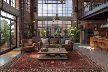 Industrial Loft Space An open loft with exposed brick walls, large windows, and metal accents. Include a leather sofa, a reclaimed wood coffee table, and vintage light fixtures.