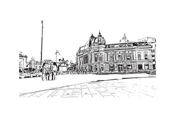 Building view with landmark of Bucharest Romanin. Hand drawn sketch illustration in vector.	