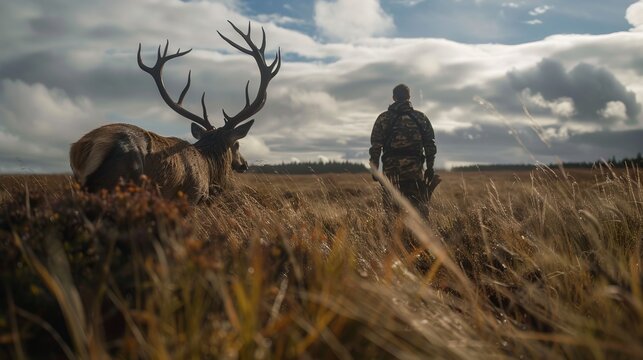 A hunter in camouflage walks alongside a deer on a grassy field under a partly cloudy sky, representing the bond between humans and nature and the hunter's lifestyle.