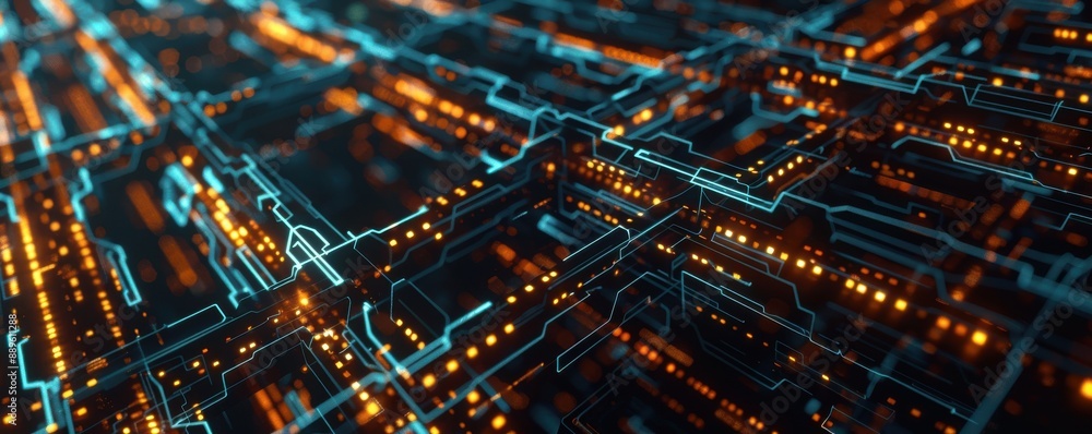 Poster visual representation of blockchain technology facilitating currency exchange, with blocks and chain