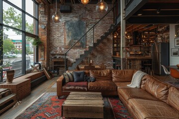 Industrial Loft Space An open loft with exposed brick walls, large windows, and metal accents. Include a leather sofa, a reclaimed wood coffee table, and vintage light fixtures.