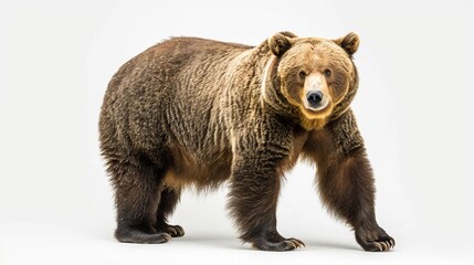 Obraz premium A magnificent large brown bear is captured standing on all fours, looking directly at the camera with a neutral expression, showcasing its powerful build and thick fur.