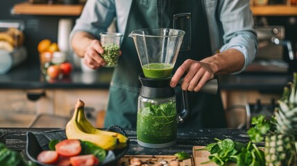 A barista blending a green smoothie with fresh spinach, bananas, and almond milk, with fresh ingredients on the counter