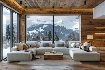 sofa in room with wooden lining paneling wall and ceiling. Minimalist home interior design of modern living room in chalet, panoramic window with great winter snow mountain landscape view,GenerativeAI
