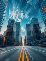 Fototapeta premium Skyscrapers of a modern city on a sunny day and a long street between them going beyond the horizon