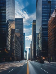 Skyscrapers of a modern city on a sunny day and a long street between them going beyond the horizon