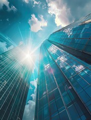 Skyscrapers of a modern city on a sunny day view from below, beautiful sky and sun rays, cinematic