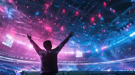A vibrant stadium victory celebration scene with a person raising arms under a mesmerizing display of colorful lights, capturing the excitement, unity, and triumph in sports festivities.