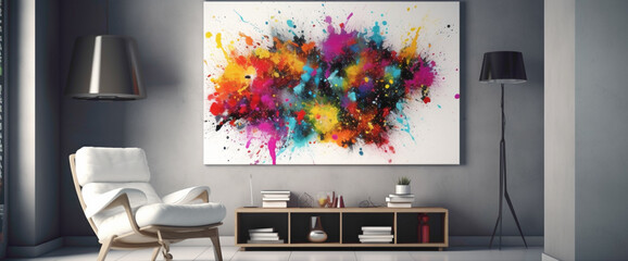 Step into a room adorned with a vibrant illustration framed in white, surrounded by bursts of different colors. 