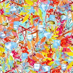 Watercolor viburnum, rowan and elder branches seamless pattern, hand painted.Watercolor Branch, bunch of  berries of mountain ash. scarf,fabric, material. Abstract art background for beautiful design