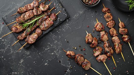Grilled meat skewers with seasonings on black stone surface From above with space for text