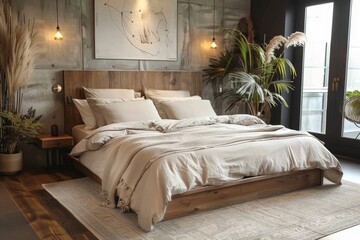 Fototapeta premium Wood bed with beige bedding. Scandinavian interior design of modern bedroom, Generative AI