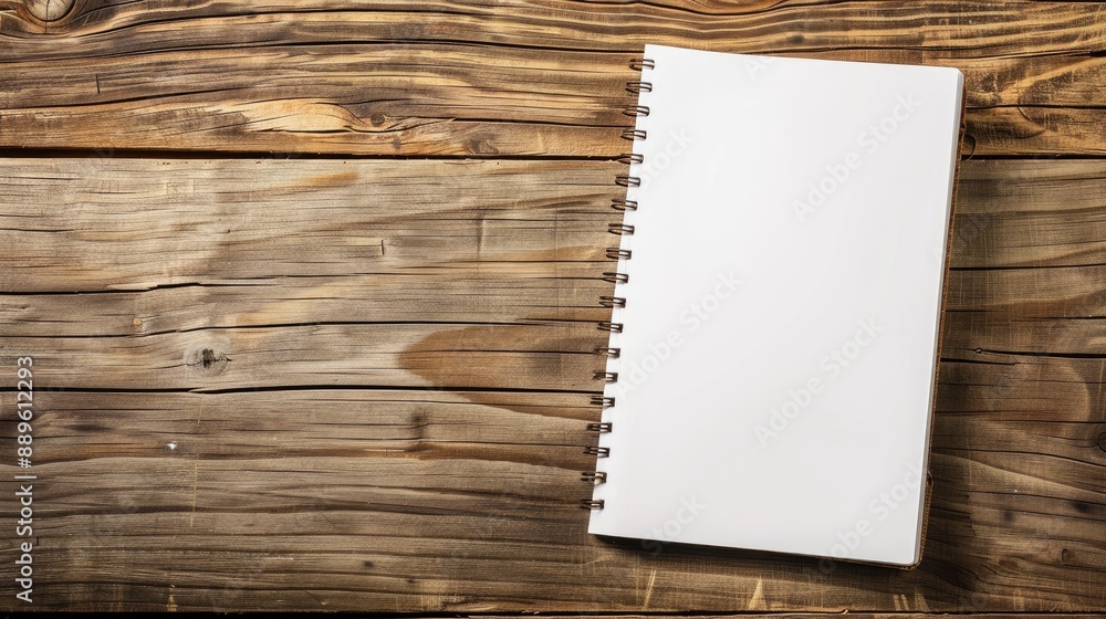 Poster white empty notebook on old wooden background for design layout