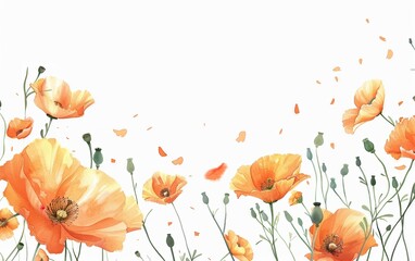 Watercolor illustration of orange poppies with petals floating in the wind. Perfect for spring or summer themed designs and backgrounds.