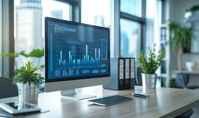 Fototapeta premium Computer Monitor with Finance Statistical Data Software and Progressive User Interface Standing on the Desk in the Modern Business Office. In the Background Glass Wall with Big City, Generative AI