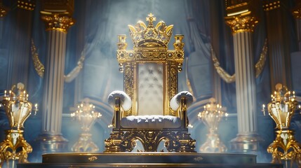 The design symbolizes the authority of the ruler, with the shining crown ornately decorated on a majestic throne - a magnificent throne and crown.威厳ある王座に輝く王冠が華麗に装飾され、支配者の権威を象徴するデザイン—壮麗な玉座と王冠。Generativ