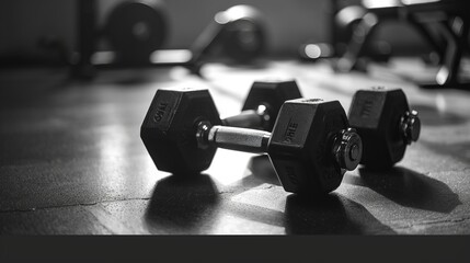 This monochrome image captures two dumbbells lying on a gym floor, highlighting the simplicity and focus associated with workouts and strength training environments.
