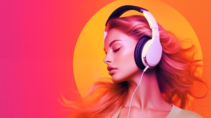 Fototapeta premium Beautiful girl in headphones creative poster. Music sound concept background. Young woman listens to music. Digital raster illustration for poster, music album cover, promotion. AI artwork.