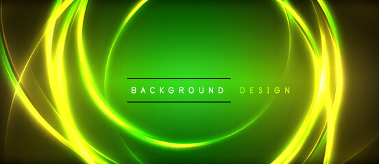 Neon glowing circle rays, light round lines in the dark, planet style neon wave lines. Energetic electric concept design for wallpaper, banner, background