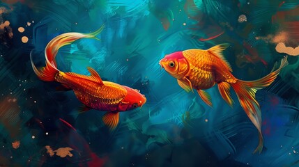 Artistic illustration featuring two goldfish with vibrant orange and gold scales, set against a deep blue, abstract background, accentuating their graceful motion and dynamic presence.