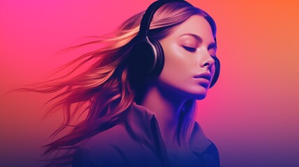 Beautiful girl in headphones creative poster. Music sound concept background. Young woman listens to music. Digital raster illustration for poster, music album cover, promotion. AI artwork.