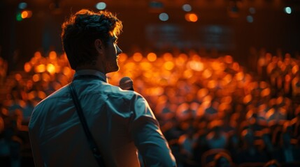 Obraz premium Asking a Question to a Speaker During a Q and A Session at an International Tech Conference in a Dark Crowded Auditorium. Young Specialist Expressing an Opinion During a Global Business, Generative AI