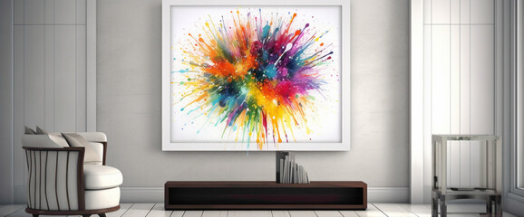 Step into a room adorned with a vibrant illustration framed in white, surrounded by bursts of different colors. 
