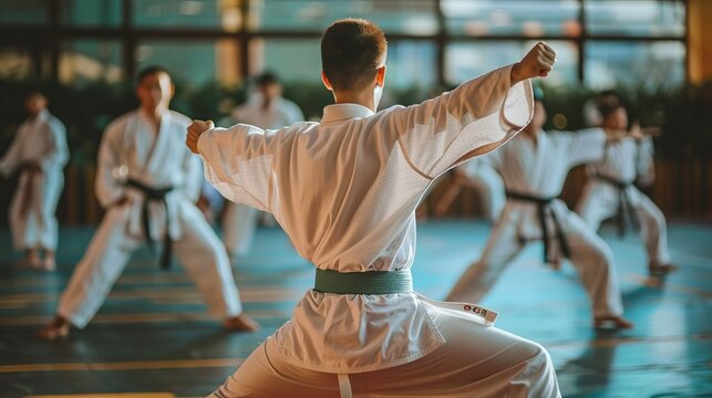 A karate class taking place indoors, with the primary focus on a student standing in the front with a green belt, performing a technique as other students practice behind.