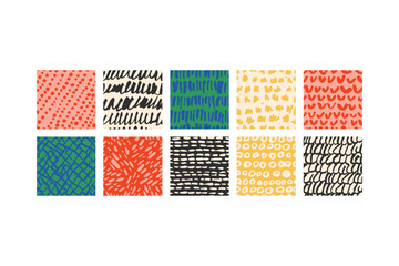 Vector illustration set of abstract backgrounds or seamless patterns. Contemporary minimal modern trendy doodle. Naive art.