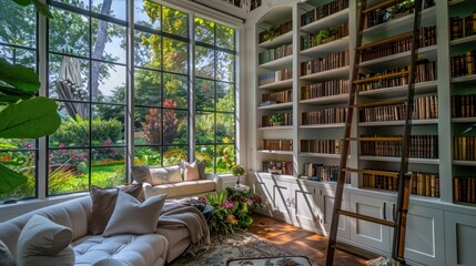 A stylish home library with a ladder that glides along custom-built bookshelves, a comfortable reading nook, and a large window with garden views.