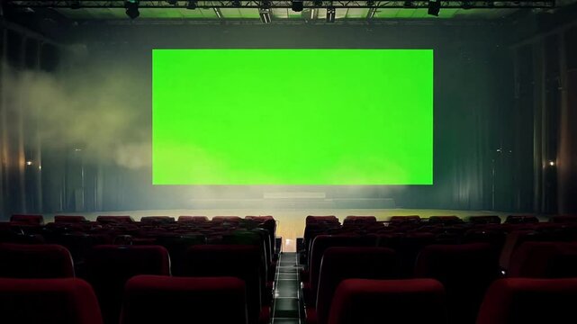 Pushing up the center an empty movie theater as a movie plays where the screen is a chroma key green screen.