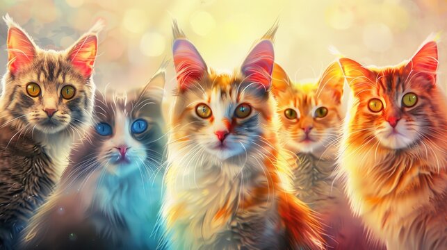 Encouraging cat adoption at a festive event, realistic, bright colors, digital art, background of a lively pet care center, joyful and informative