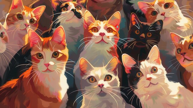 Encouraging cat adoption at a festive event, realistic, bright colors, digital art, background of a lively pet care center, joyful and informative