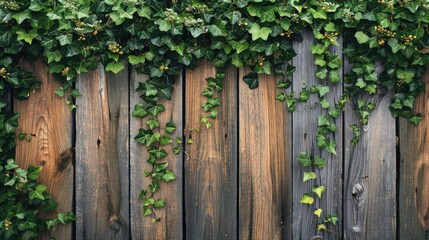 Obraz premium Ivy covered wooden fence in garden with space for text