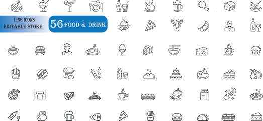Set of 56 outline icons related to food and drink.