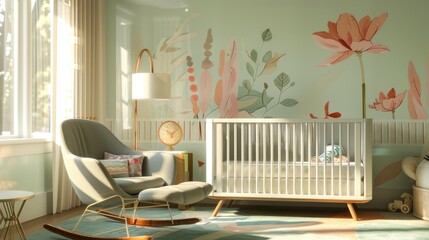 A stylish nursery with a pastel color scheme, a sleek crib, a rocking chair, and playful wall decals, creating a soothing and cheerful environment.