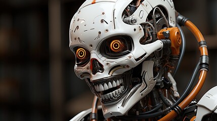 Close up of a robotic skull with glowing eyes.