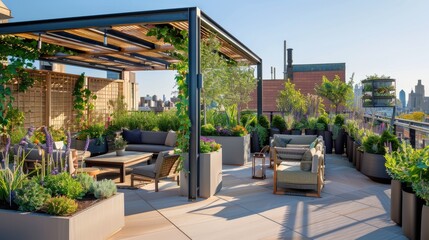 Fototapeta premium A stylish rooftop garden with container plants, a pergola with climbing vines, and comfortable seating, offering a peaceful urban escape.
