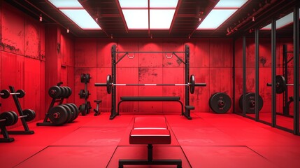 A modern gym with red decor and comprehensive fitness equipment, creating a dynamic and invigorating environment designed to enhance a variety of workout routines.