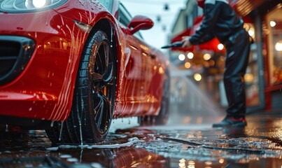Car Wash Expert Using Water Pressure Washer to Clean a Red Modern Sportscar. Adult Man Washing Away Dirt, Preparing an American Muscle Car for Detailing. Generative AI