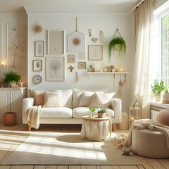 Bright Cozy Living Room, Frames on the Wall