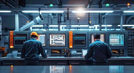 Obraz premium Factory Digitalization: Two Industrial Engineers Use Tablet Computer, Visualize the Wall of Big Data Statistics, Optimization of High-Tech Electronics, Generative AI