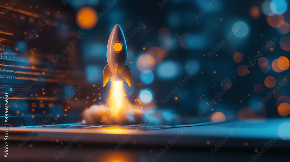 Poster dynamic rocket soaring from a laptop on an office table, illustrating the rapid development of a sta