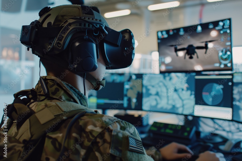 Poster soldier wearing a vr headset and controlling a drone from a command center with multiple screens. mi