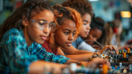 High School Science Classroom: Diverse Multiethnic Group of Students Experimenting with Computer Components, Soldering Circuit Boards, Using Microscopes. Class Conducting a Science, Generative AI