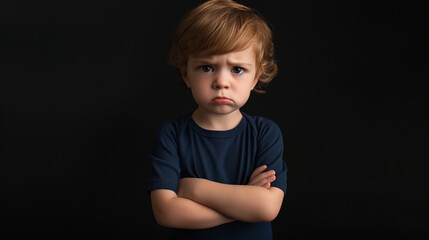 Little boy standing with arms crossed, angrily looking at the camera under studio lights. Annoyed toddler, studio shot, capturing an intense expression of childhood frustration.