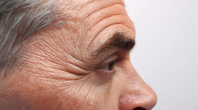 A close-up view of a man's eye and the wrinkles surrounding it. The man has gray hair and is looking to the right. - Powered by Adobe