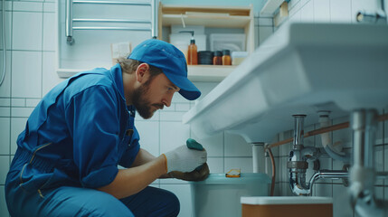 Naklejka premium Plumber in blue working clothes and cap, kneeling in a modern bathroom to fix the white pipes under the sink. Professional handyman job, with an array of tools and equipment around