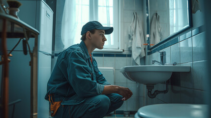 Skilled young handyman in uniform and cap, kneeling in a bathroom to repair the white pipes under the sink. Home maintenance scene, with an assortment of tools visible.